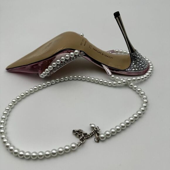 Mach & Mach Pink Crystals Embellishments Faux Pearls Ankle Straps Pumps Sz 37.5 - Picture 5 of 12
